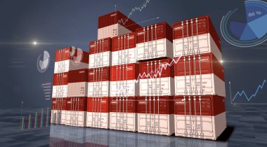 Endonezya, kargo konteynırlarını harita ve diyagramlar üzerine ihraç edip ithal ediyor. Endonezya bayrağı endüstriyel nakliye kutusu 3D resim.