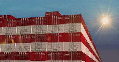 Liman terminali iş konseptinde Endonezya ihracat ve kargo konteynırları. Endonezya bayrağı endüstriyel nakliye kutusu 3D.