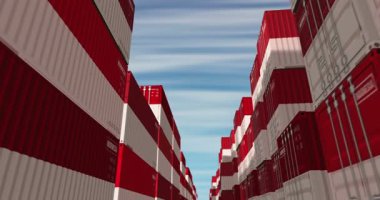 Endonezya ihracat ve ithalat kargo konteynırları sorunsuz ve geri dönüşümsüz iş konsepti. Endonezya bayrağı endüstriyel nakliye kutusu 3D döngü.