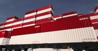 Endonezya ihracat ve ithalat konteynırları yük vagonları döngüsünde. Demiryolu tren taşımacılığı ve Endonezya bayrağıyla nakliye işi. 3B döngü ve kusursuz canlandırma.