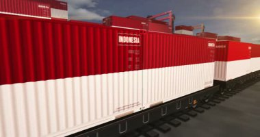 Endonezya ihracat ve ithalat konteynırları yük vagonları döngüsünde. Demiryolu tren taşımacılığı ve Endonezya bayrağıyla nakliye işi. 3B döngü ve kusursuz canlandırma.