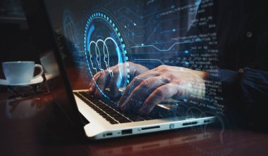 Yapay zeka baş ai sembolü ve insan klavyesi. Eller dizüstü bilgisayarda. Ağ, siber teknoloji ve özet konsept 3D illüstrasyon.