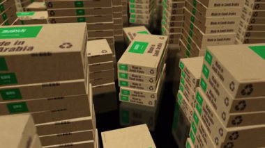 Suudi Arabistan 'da üretilmiş kutu üretim hattı. İsrail İhracat Karton Paket Fabrikası. Soyut kavram 3D döngüsüz dikişsiz.