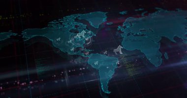 Truva, dünya haritasında siber saldırı ve bilgisayar uyarı sembolleri uyarısı yaptı. Kusursuz döngülü teknoloji kavramı.