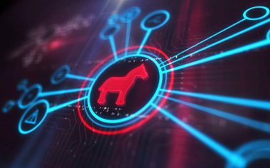 Truva alarmı siber saldırı ve bilgisayar uyarı sembolü dijital konsept. Ağ, siber teknoloji işareti ve bilgisayar arkaplan soyut 3d resimleme.