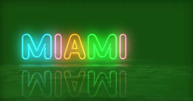 Miami Florida ABD neon sembolü. Renkli ampuller. Romantik şehir kulübü soyut, kusursuz ve döngüsel konsept. 3D tünel animasyonunda uçuyor..