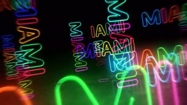 Miami Florida ABD neon sembolü. Renkli ampuller. Romantik şehir kulübü soyut, kusursuz ve döngüsel konsept. 3D tünel animasyonunda uçuyor..