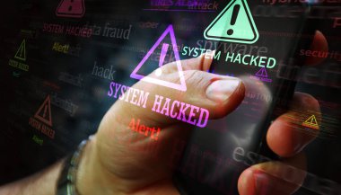 Güvenlik ihlali sembolü mobil teknoloji konsepti. 3D illüstrasyondaki hata ekranlarındaki soyut işaret.