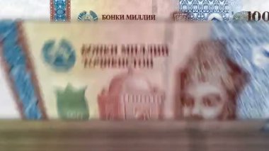 Tacikistan somoni Tacikistanlı para sayma makinesi ve banknotlar. Hemen 100 TJS 'lik banknot düşür. İş ve ekonomi kavramı döngüsel ve sorunsuz bir altyapıya sahip.