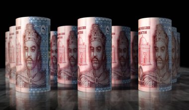 Tacikistan somoni Tacikistanlı para paketi 3D resim. 100 TJS banknot rulosu. Maliye, nakit, ekonomi krizi, iş başarısı, durgunluk, banka, vergi ve borç kavramı.