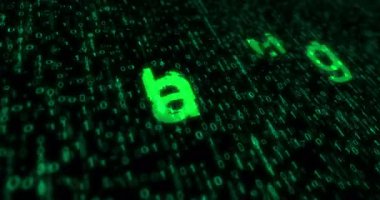 Ekran matris biçiminde metin yazmayı hedef al. Retro monitör yeşil piksel makro görünümü ile aranıyor.