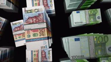 Avro ve Tacikistan somoni Tacikistanlı para değişimi. Kağıt banknotlar tomar tomar. Ticaret, ekonomi, rekabet, kriz, bankacılık ve finans kavramı. Döngüsüz 3D canlandırma notaları.