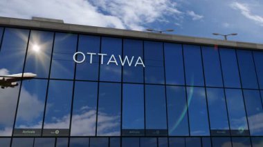 Uçak Ottawa, Kanada 'ya iniyor. Cam havaalanı terminali ve jet uçağının yansımasıyla şehre vardık. Seyahat, iş, turizm ve ulaşım 3D konsepti.