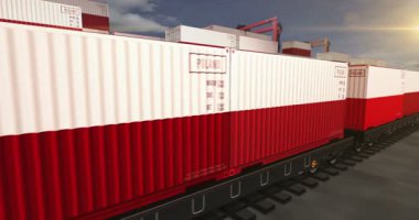 Polonya bir yük vagonu döngüsünde üretim ve ithalat konteynırları ihraç ediyor. Tren taşımacılığı ve Polonya bayrağı taşıyan nakliyat işi. 3B döngü ve kusursuz canlandırma.