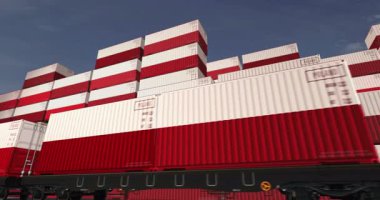 Polonya bir yük vagonu döngüsünde üretim ve ithalat konteynırları ihraç ediyor. Tren taşımacılığı ve Polonya bayrağı taşıyan nakliyat işi. 3B döngü ve kusursuz canlandırma.