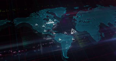 Sistem hacklenmiş siber saldırı alarmı ve dünya haritasında koruma uyarı sembolleri. Kusursuz döngülü teknoloji kavramı.