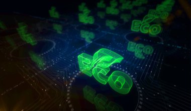 Çevre dostu ve sürdürülebilir ekonomi sembolü dijital konsept. Ağ, siber teknoloji ve bilgisayar arkaplanı soyut 3D resimleme.