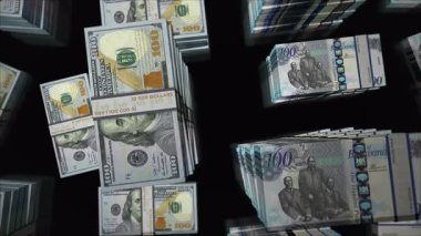 Amerikan Doları ve Botswana pula Botswanan para değişimi. Kağıt banknotlar tomar tomar. Ticaret, ekonomi, rekabet, kriz, bankacılık ve finans kavramı. Döngüsüz 3D notalar.