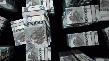 Botswana pula Botswanan para paketleri döngüsü. 3D uçuş, 100 'den fazla BWP banknotları kuleleri istifliyor. Döngüsüz, soyut iş dünyası, ekonomi krizi ve finans kavramı.
