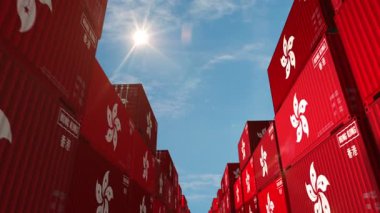 Hong Kong ihracat ve ithalat kargo konteynırları sorunsuz ve geri dönüşümsüz iş konsepti. Hong Kong bayrağı endüstriyel nakliye kutusu 3D döngü.