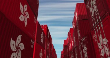 Hong Kong ihracat ve ithalat kargo konteynırları sorunsuz ve geri dönüşümsüz iş konsepti. Hong Kong bayrağı endüstriyel nakliye kutusu 3D döngü.