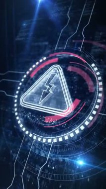 Dikey video: Elektrik uyarısı ve elektrik şoku tehlike sembolü dijital konsept. Ağ, siber teknoloji ve bilgisayar arkaplanı soyut 3D kusursuz ve çevrilebilir.