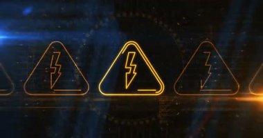 Elektrik uyarısı ve elektrik şoku tehlike sembolü soyut dijital kavram. Siber teknoloji ve bilgisayar arkaplan çizgisi kusursuz ve döngülü animasyon.