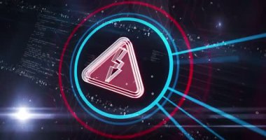 Elektrik uyarısı ve elektrik şoku tehlike sembolü dijital konsept. Siber teknoloji ve bilgisayar ağı arkaplanı soyut 3d canlandırması.