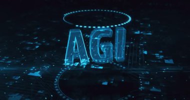 Dijital arkaplanda yapay genel zeka hologram sembolü görülüyor. Ağ, siber teknoloji ve bilgisayar soyut konsepti 3D animasyon.