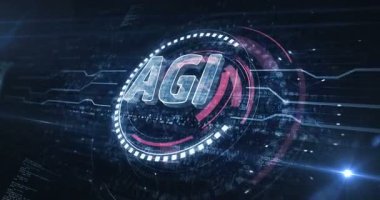 Yapay genel zeka sembolü dijital konsept. Siber teknoloji ve bilgisayar arkaplanı soyut 3D animasyon. Kusursuz ve döngüsüz.