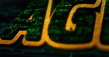 Yapay genel zeka renkli sembol konsepti. Ağ, siber teknoloji ve bilgisayar arkaplanı soyut 3d canlandırması.