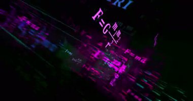 Fizik, eğitim ve bilim sembolü teknoloji döngüsü kavramını formüle eder. Arızalı ekranlardaki soyut imza pürüzsüz ve döngülü.