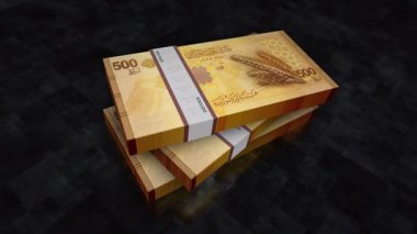 Suriye, Suriye para yığını. Ekonomi, bankacılık, iş, kriz, durgunluk, borç ve finans konularının kavramı. 500 SYP banknotları 3D animasyon yığınları.