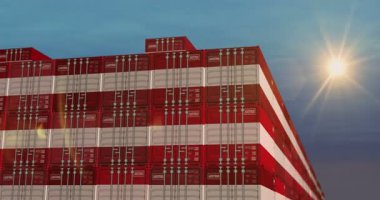 Avusturya liman terminali iş konseptinde ithalat ve üretim kargo konteynırları ihraç ediyor. Avusturya bayrağı endüstriyel nakliye kutusu 3D.