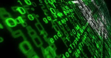 Geri dönüşüm sembolü 3D kod. Çevre dostu teknoloji ikonu. Siber güvenlik saldırısı ve hack konsepti animasyonu..