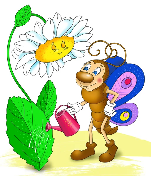 Butterfly watering a flower, cartoon insect — Stock Photo, Image