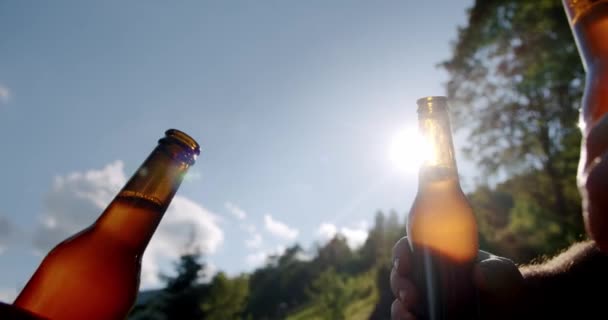 Celebração cerveja aplaude conceito, mãos segurando garrafas de cerveja de grupo de pessoas em férias de festa ao ar livre. Fecha. Movimento lento V2 — Vídeo de Stock