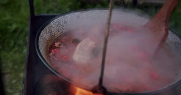 Sesendok besar sup jamur yang dimasak dalam kuali besar di atas api terbuka. Gerakan lambat V4 — Stok Video