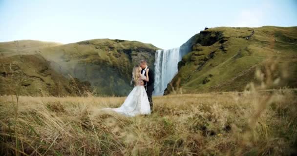 Casamento casal de pé juntos no fundo de uma cachoeira. Islândia — Vídeo de Stock