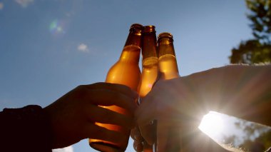 Kutlama birası konsepti, açık hava partisi tatilinde grup halinde bira şişelerini tutan eller. Kapat..