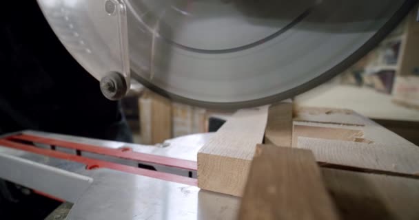 Au ralenti, le maître découpe une planche de bois avec une scie circulaire dans l'atelier de menuiserie d'un petit fabricant de meubles. — Video