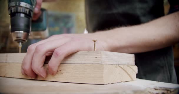 Cose up εργαζόμενος σε ένα εργαστήριο ξυλουργικής με μια γεώτρηση σε ξύλο με βίδα στριμμένα στη θέση του.. Αργή κίνηση — Αρχείο Βίντεο