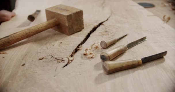Herramientas de tallado en madera de virutas de madera, conjunto de herramientas y equipos de carpintería. Vercion 2 — Vídeo de stock
