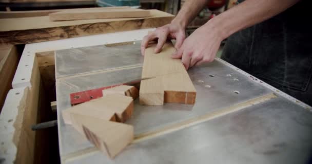 Близько. Майстер вирізає дерев'яну дошку з циркулярною пилкою в деревообробній майстерні невеликого виробника меблів. Повільний рух. Вид зверху — стокове відео