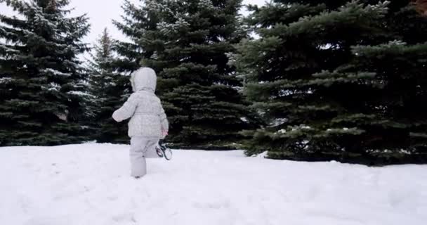 慢动作快乐的孩子们在街上玩雪球，跑着扔雪球 — 图库视频影像