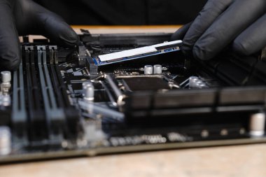 Elleri siyah eldivenli tamirci. Sabit disk. Bilgisayara ya da laptopa takmak için SSD.