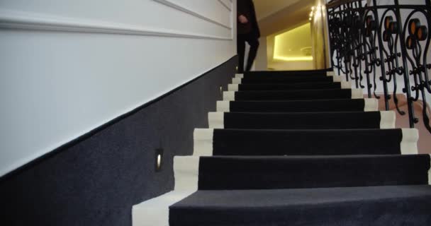 Geschäftsmann trägt Aktentasche auf der Treppe im Bürocenter oder Hotel. — Stockvideo