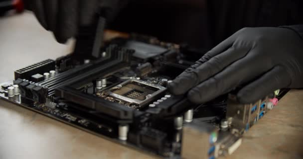 Inżynier naprawczy trzymając się za ręce w czarnych rękawiczkach procesor procesor procesora włożyć do gniazda komputera lub laptopa. Widok z bliska — Wideo stockowe