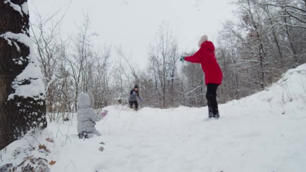 Família feliz jogando bolas de soja com cão Jack Russell terrier Em dia nevado na floresta. Família feliz Slow motion shot — Vídeo de Stock