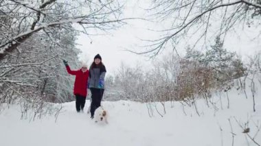 Ormandaki Karlı Gün 'de Mutlu Aile' nin köpeği Jack Russell Terrier ile oynadığı yavaş çekim. Mutlu aile